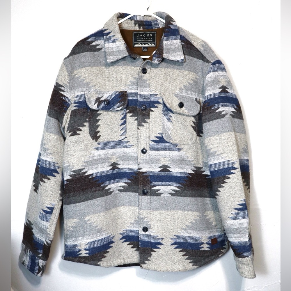 Jachs Wool Blend Blue Gray Aztec Blend Sherpa Lined Heavy Button Down Coat Large